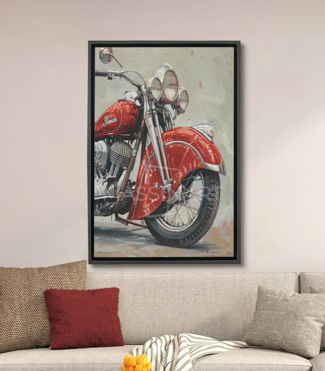 Tableau moto vintage Indian rouge Massinart — chrome et détails mécaniques