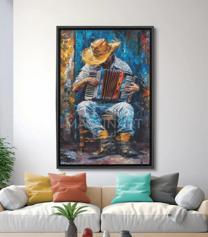 Tableau musicien accordéoniste Massinart — portrait expressionniste fond bleu doré