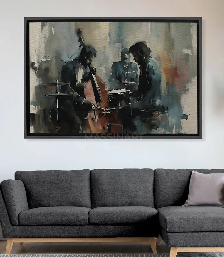 Tableau musiciens jazz expressionniste, gris et beige, trois musiciens avec instruments Massinart