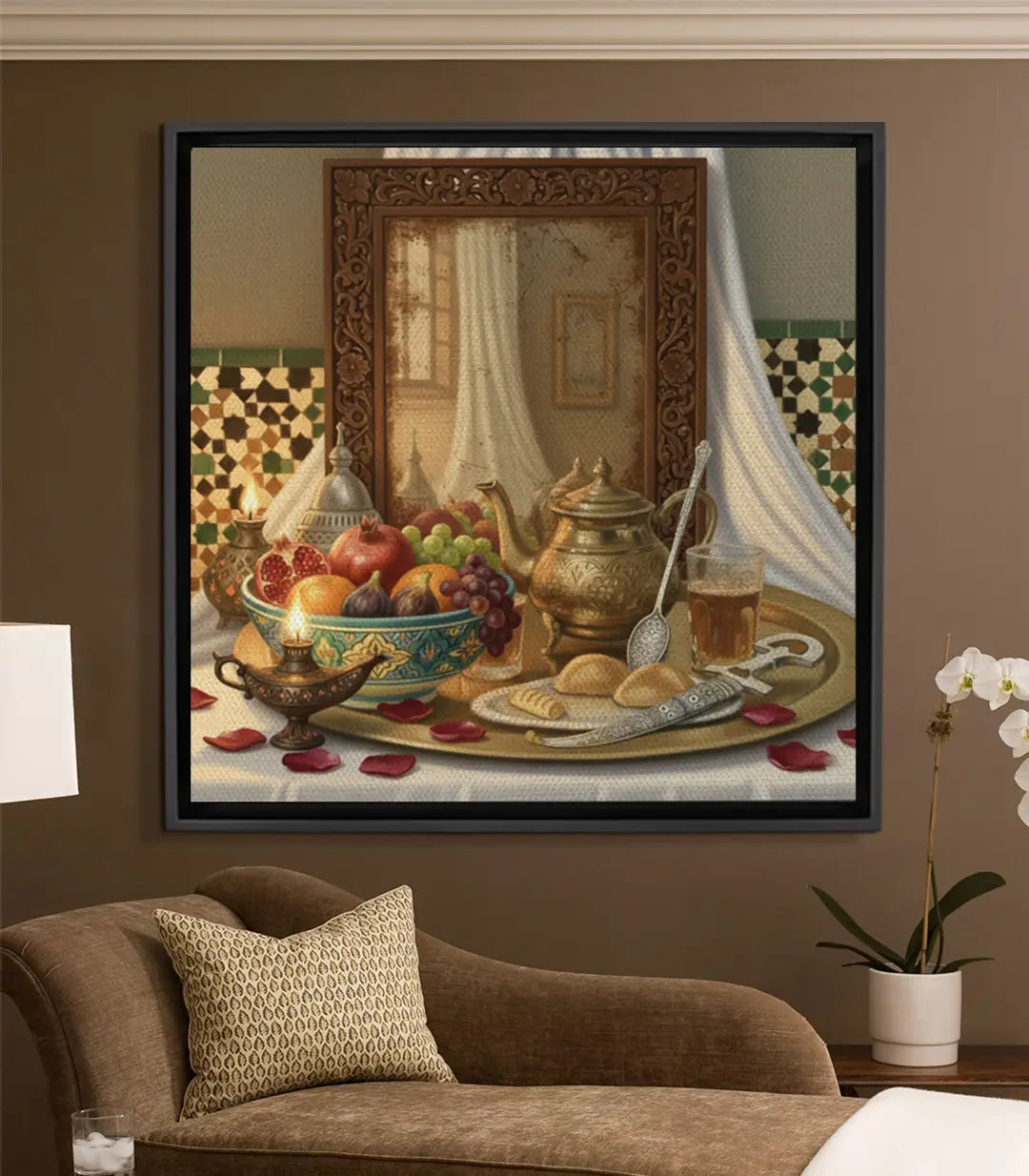 Tableau nature morte marocaine avec fruits, théière dorée et zellige — Massinart