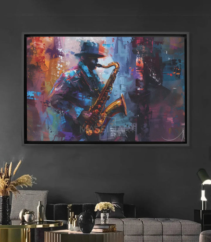Tableau Night Mood musicien saxophoniste bleu mauve orange Massinart