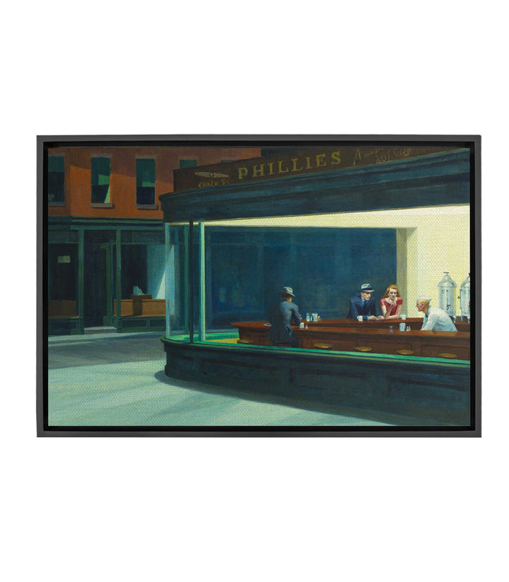 Tableau Nighthawks Edward Hopper — scène café nocturne, teintes vert et jaune, personnages isolés Massinart