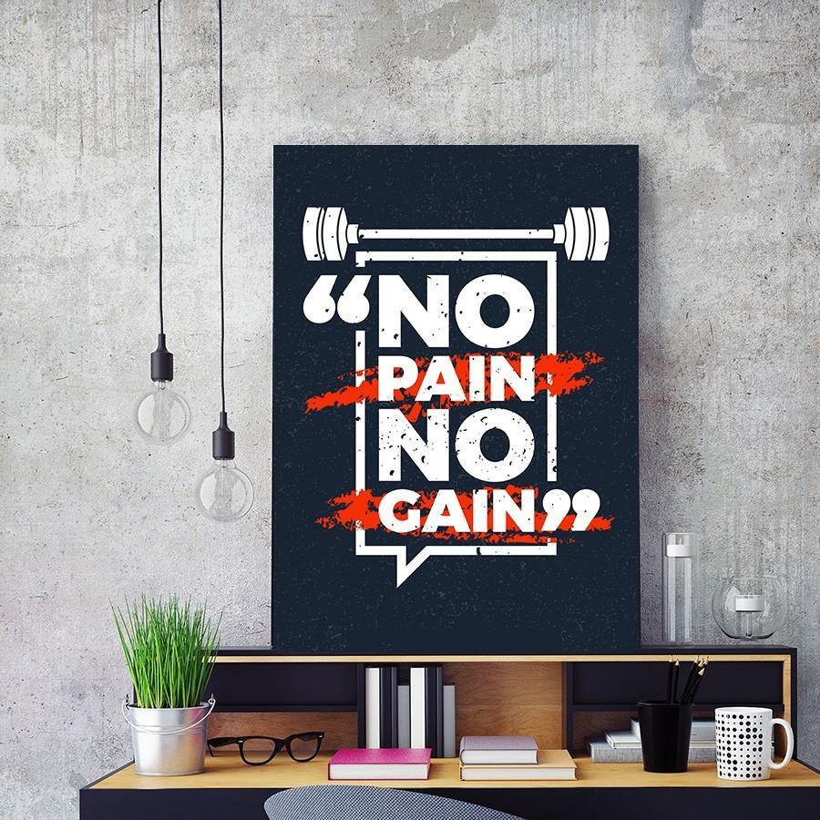 Tableau No Pain No Gain Massinart — citation motivante halterophilie, noir blanc et rouge fluo