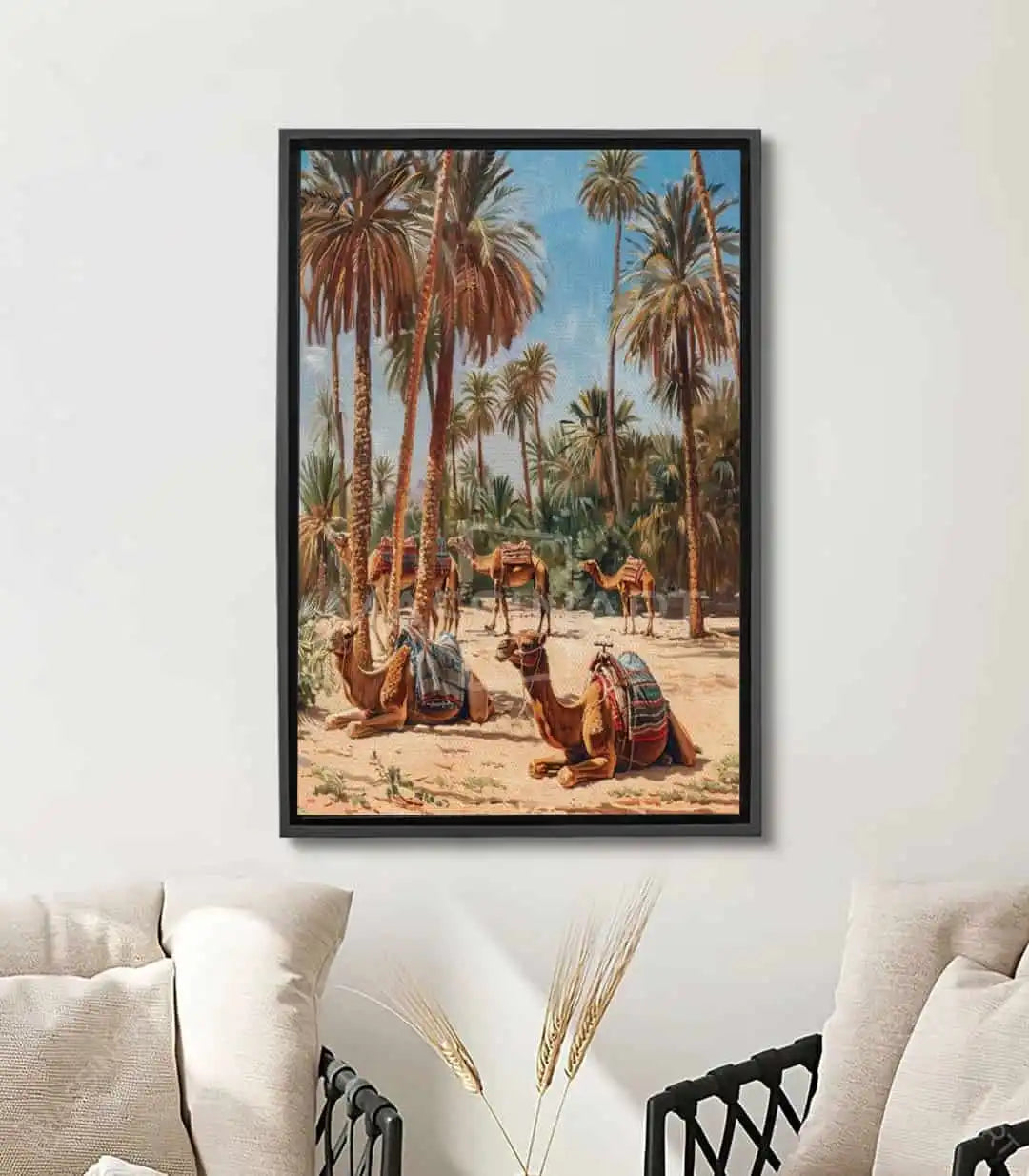 Tableau Nomads - Paysage désert oasis avec chameaux et palmiers, tons bleu beige Massinart
