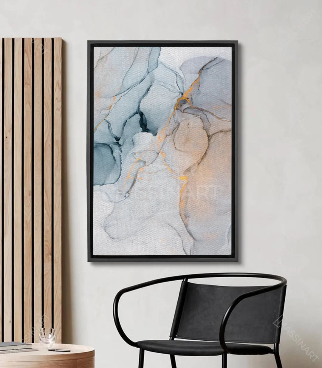 Tableau Ocean Marble abstrait — marbre bleu, beige et doré avec veines fluides Massinart