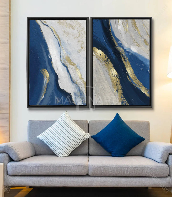 Tableau Oceans diptyque Massinart — marbre abstrait bleu doré blanc