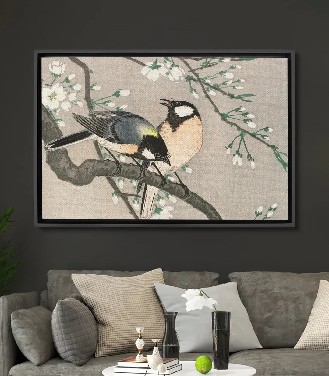 Tableau oiseaux branche fleurs blanches Massinart — style illustration nature