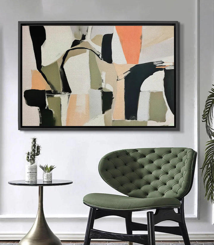 Tableau Olive Dusk abstrait horizontal Massinart — formes géométriques noir, beige et vert-sauge
