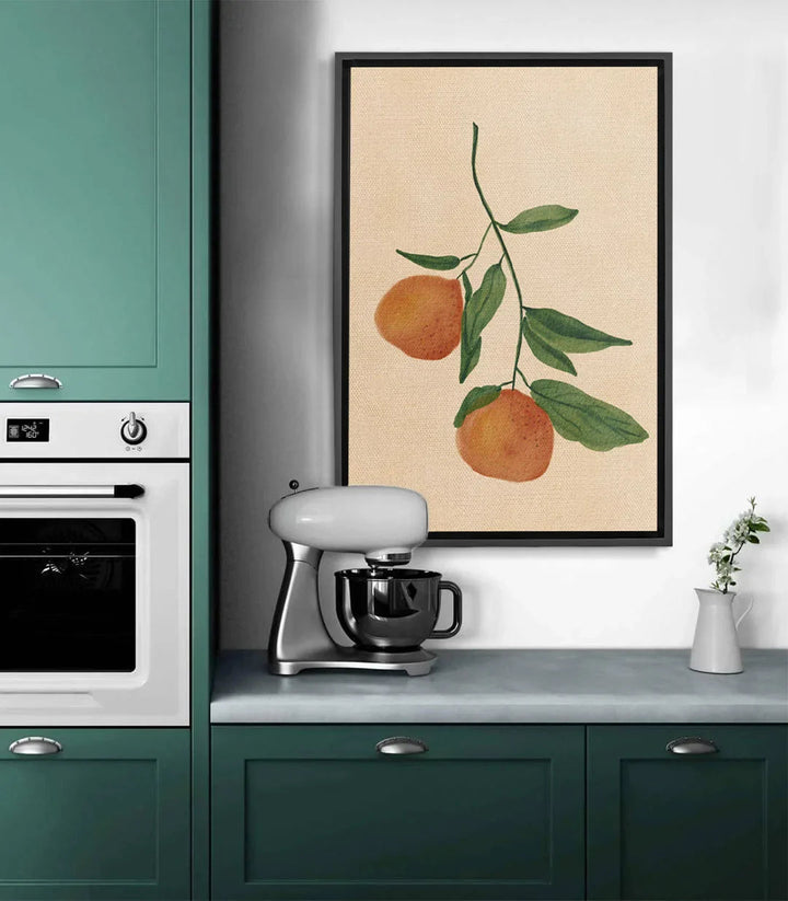 Tableau Orange Embrace — deux agrumes orangés avec feuillage vert sur fond beige, Massinart
