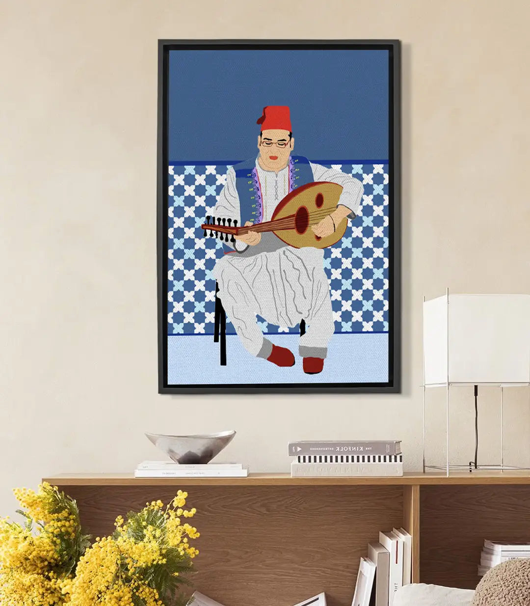 Tableau Oud Harmony Massinart — musicien marocain en costume traditionnel jouant l'oud