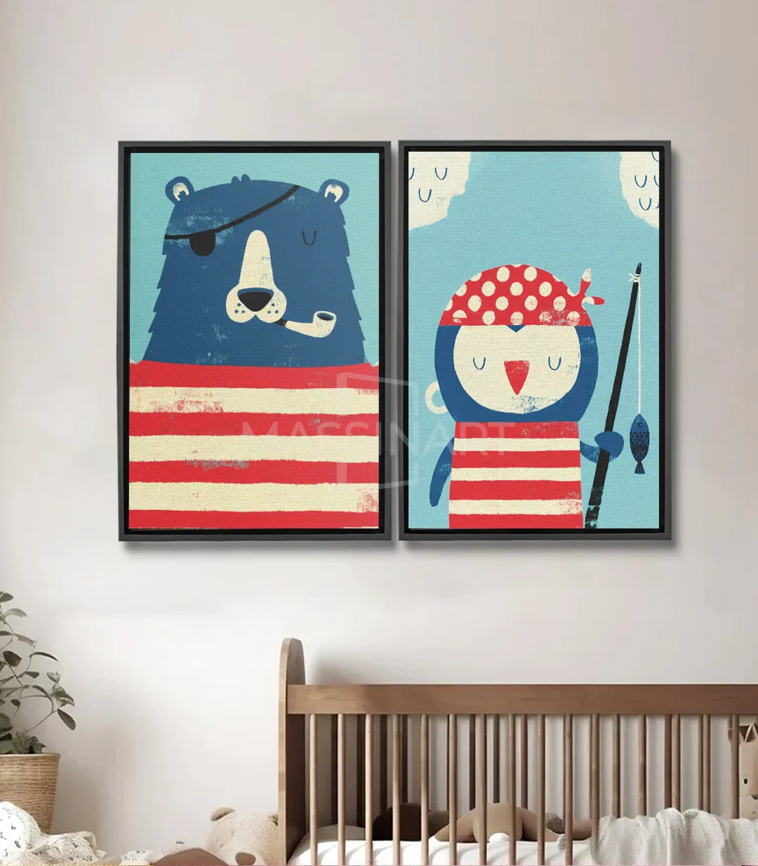 Tableau ours pirate bleu en rayures rouge blanc Massinart
