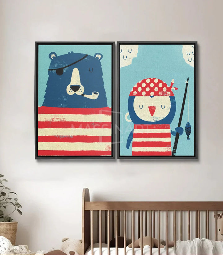 Tableau ours pirate bleu en rayures rouge blanc Massinart
