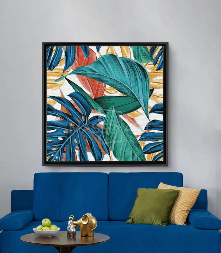 Tableau Oxygen Massinart — feuilles monstera bleu, vert et doré sur fond blanc