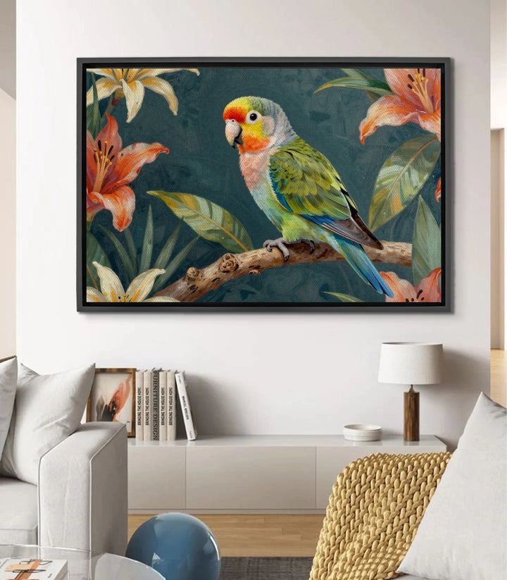 Tableau Parrot Bloom perroquet tropical fleurs — peinture détaillée oiseau vert jaune rouge Massinart