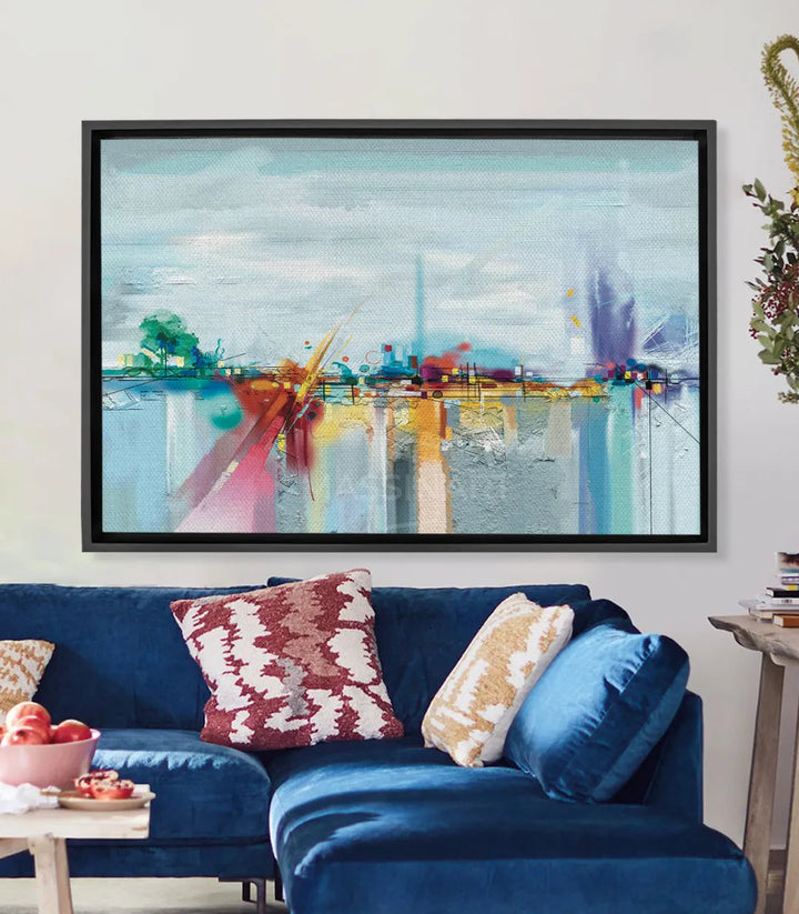 Tableau paysage abstrait avec reflets colorés turquoise, rose et jaune Massinart