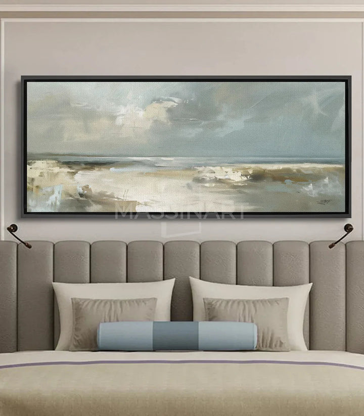 Tableau paysage côtier minimaliste — plage beige et ciel gris Massinart