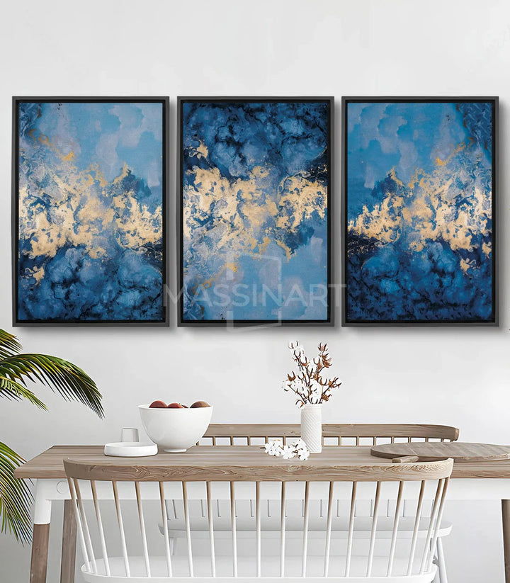 Tableau paysage forestier abstrait triptyque, bleu et doré — Massinart