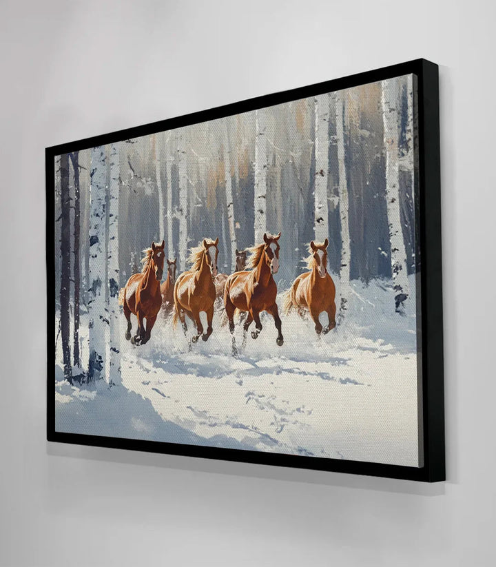 Tableau paysage hivernale chevaux en liberté — format horizontal qualité premium Massinart