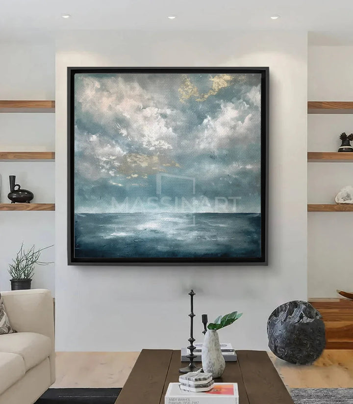 Tableau paysage marin Calm, ciel nuageux bleu et blanc, horizon serein doré Massinart