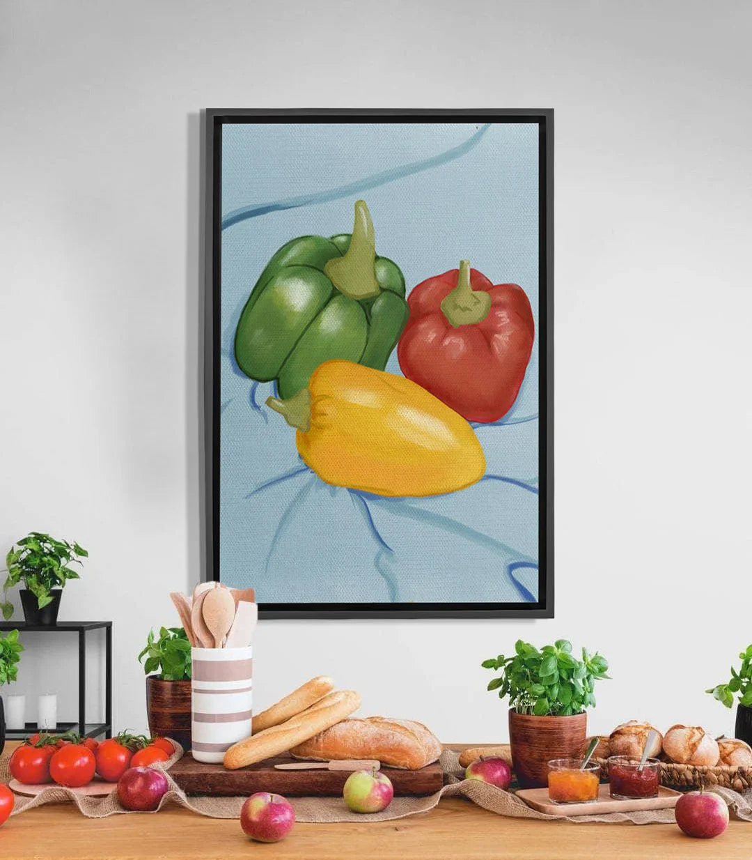 Tableau Pepper Palette - trois poivrons vert jaune rouge sur fond bleu Massinart