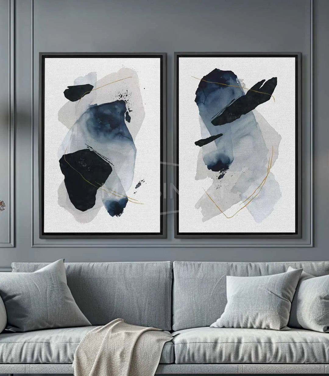 Tableau plumes abstraites bleu et noir Massinart — diptyque minimaliste