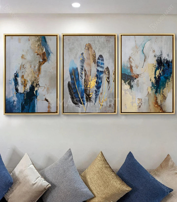 Tableau plumes centrales, composition minimaliste bleu doré Massinart