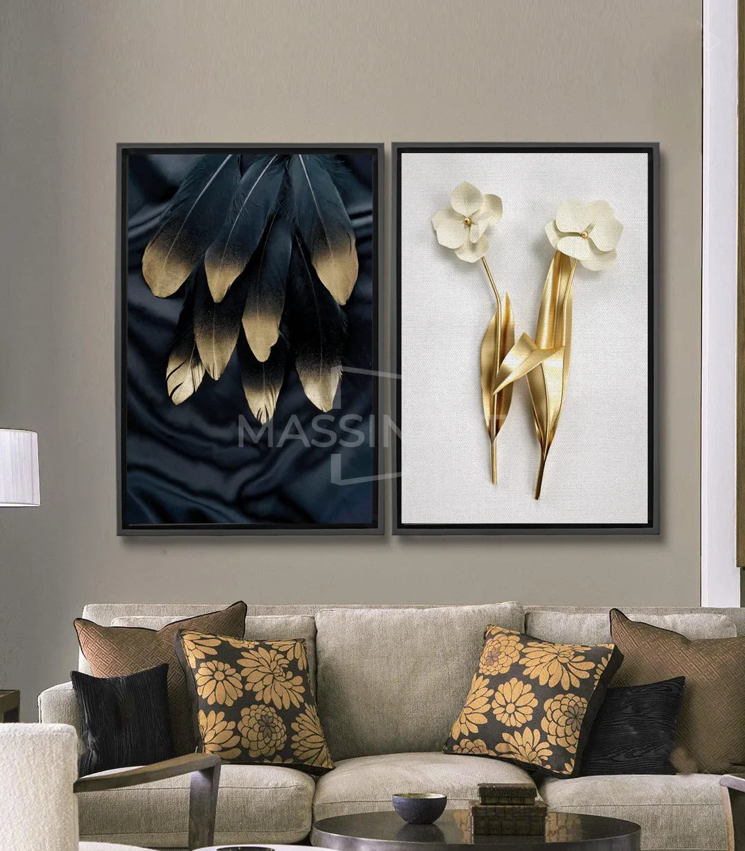 Tableau Plumes Dorées gauche — plumes noires et beiges dégradées sur fond bleu marine Massinart
