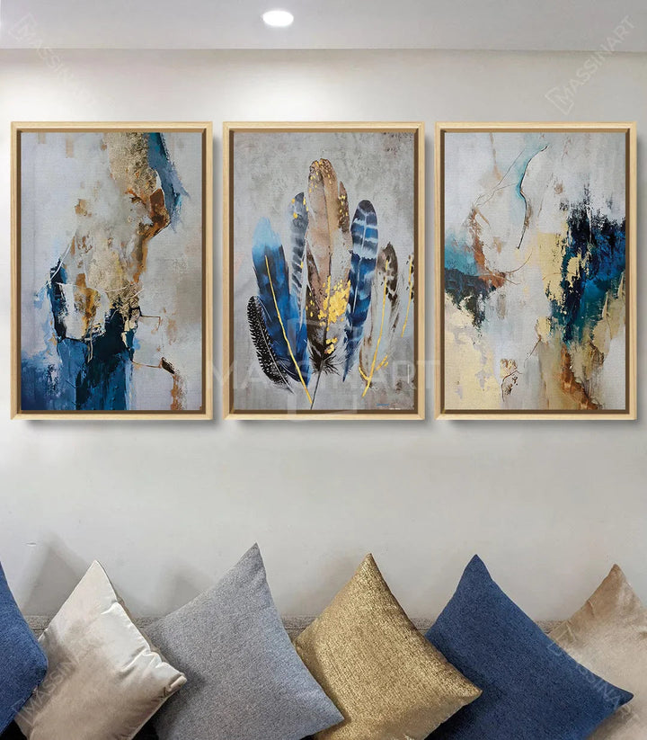 Tableau plumes droites, textures abstraites bleu jaune Massinart