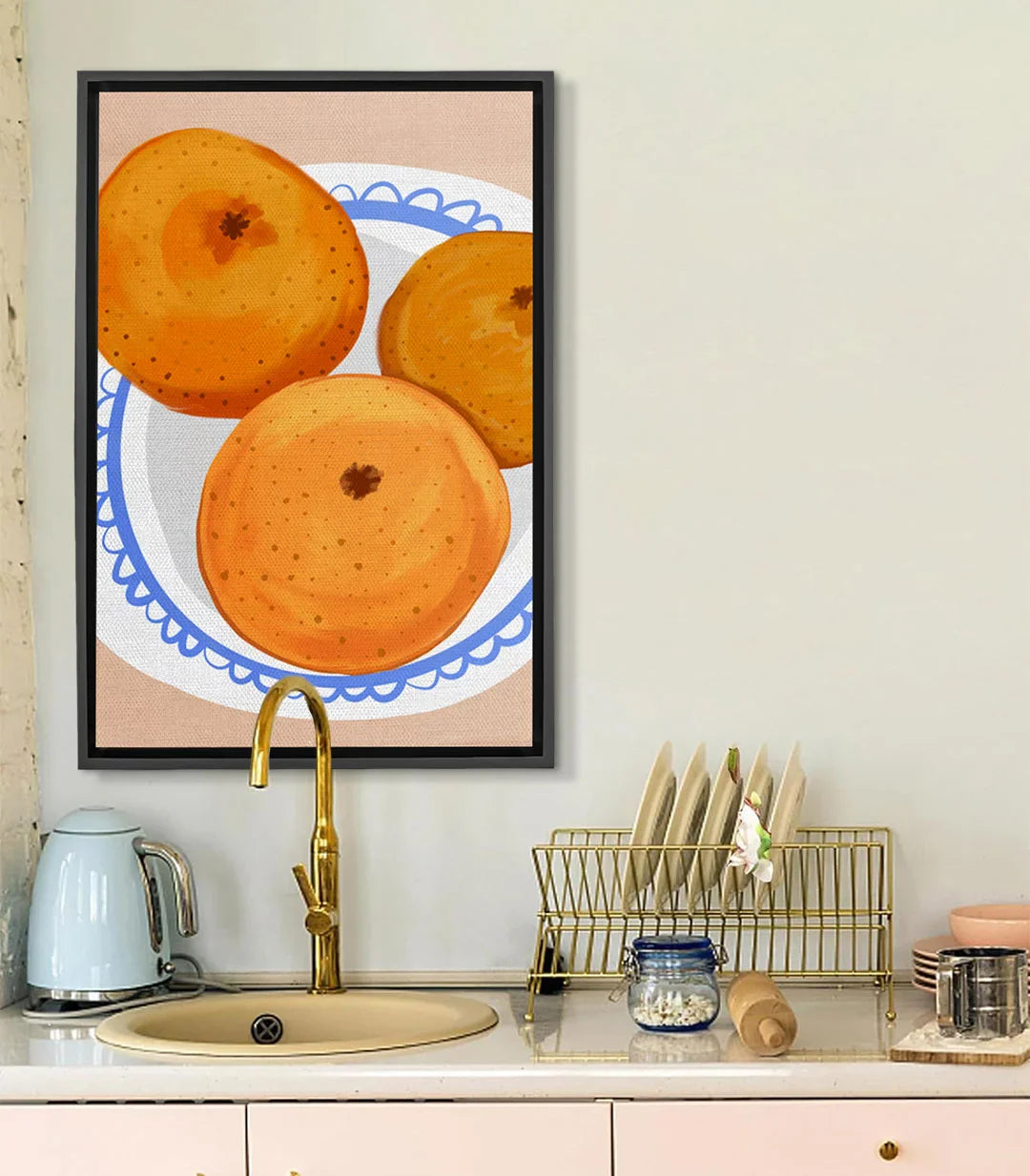 Tableau Pomegranate Trio Massinart — trois oranges orange vif sur assiette blanche et bleue