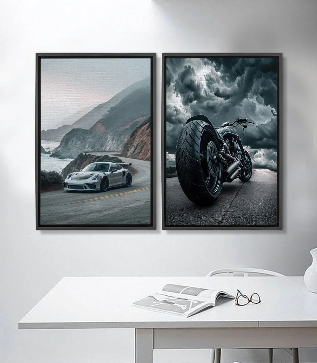 Tableau Porsche blanche route côtière montagne Massinart
