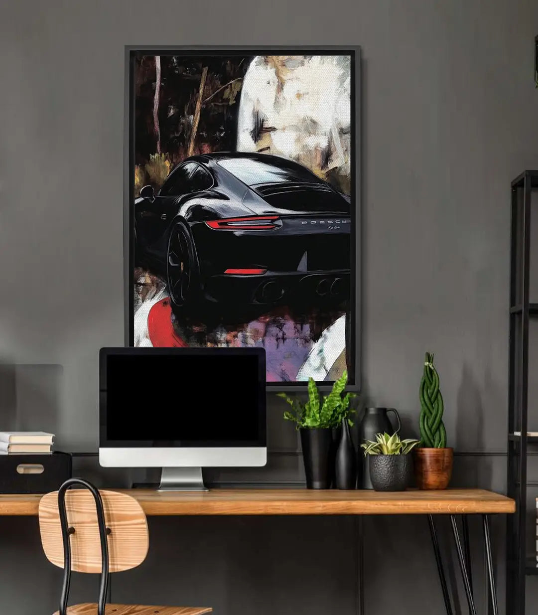 Tableau Porsche sportive noire avec feux rouges, arrière-plan urbain expressionniste Massinart
