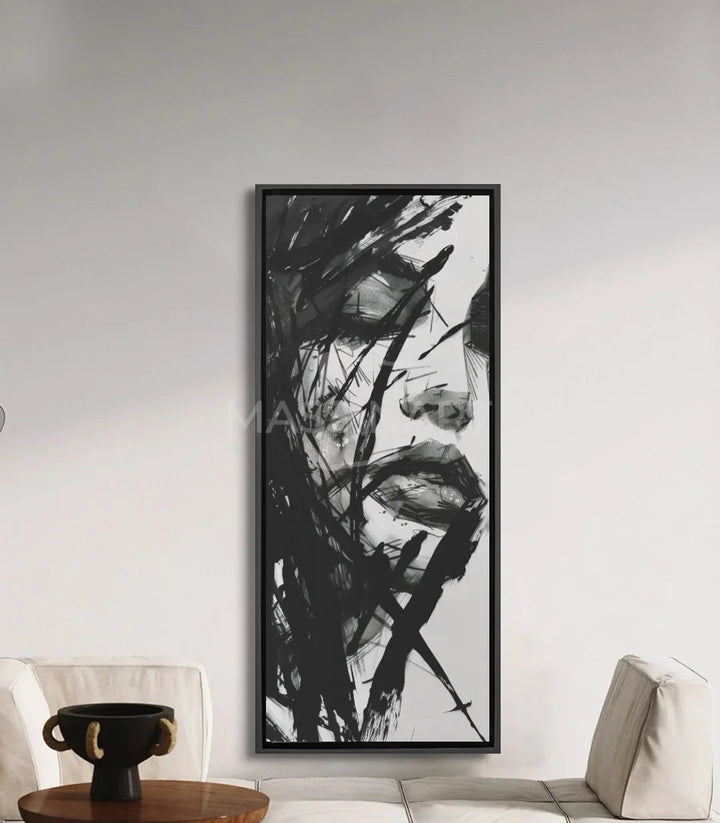 Tableau portrait abstrait Unbroken — visage expressionniste noir et blanc avec lignes dynamiques Massinart