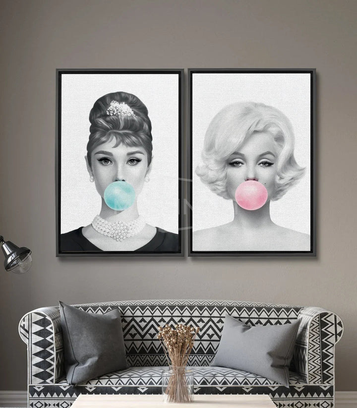 Tableau portrait Audrey bulle chewing-gum bleu turquoise noir blanc Massinart