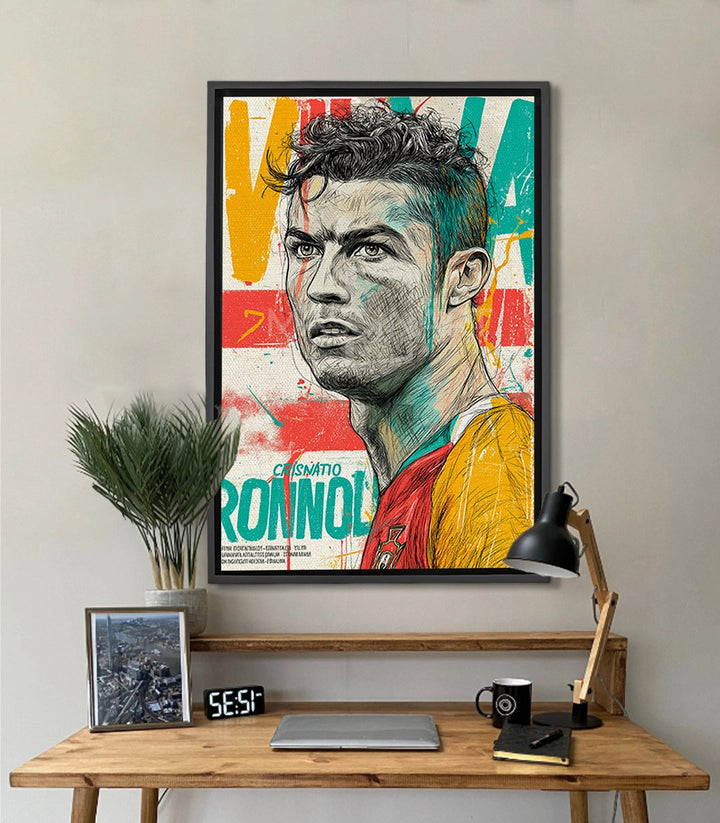 Tableau portrait Cristiano Ronaldo pop-art — visage détaillé encre noire sur fond multicolore bleu turquoise rouge jaune Massinart