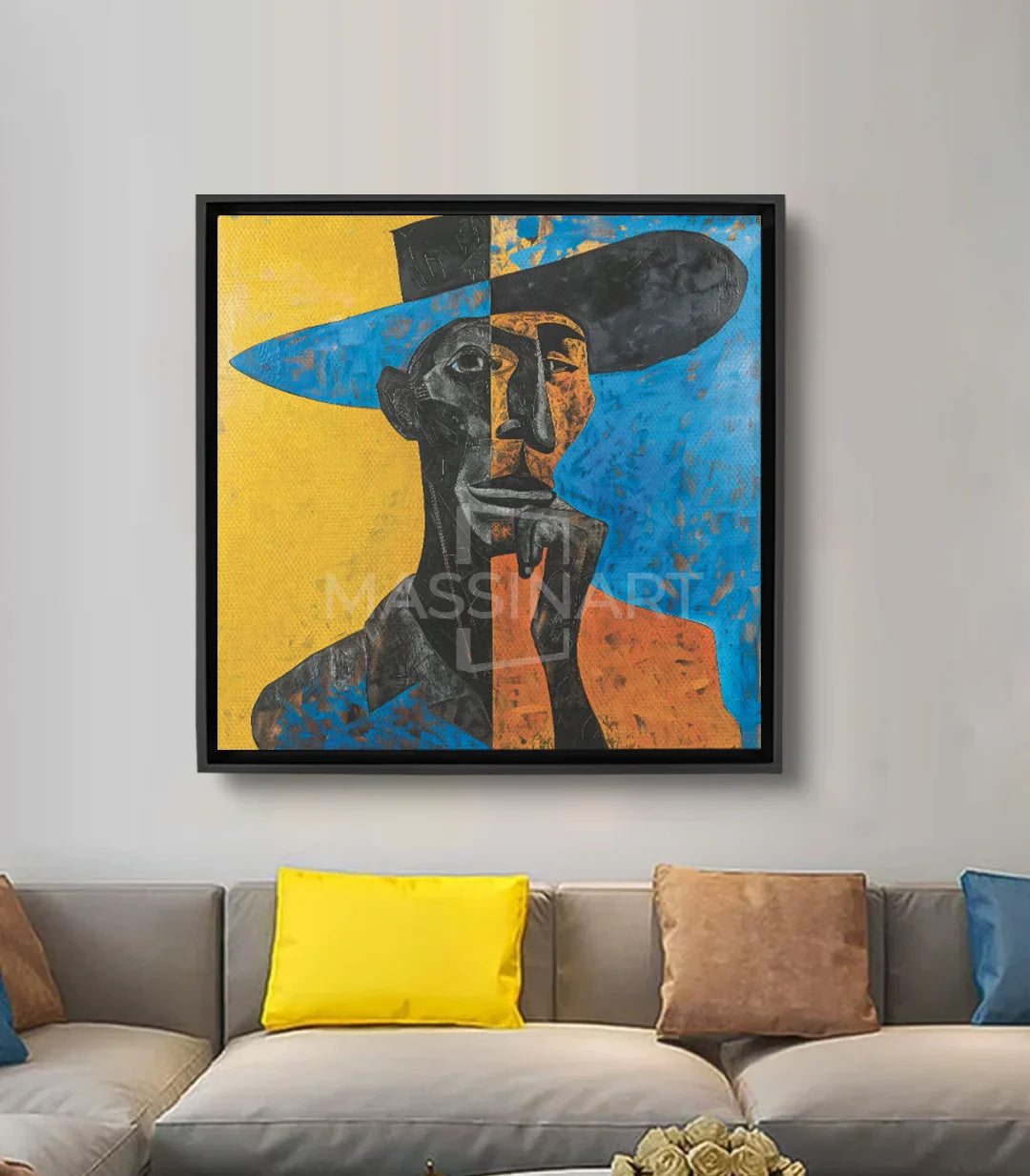 Tableau portrait cubiste Perhaps Massinart — figure géométrique chapeau bleu, jaune et terracotta