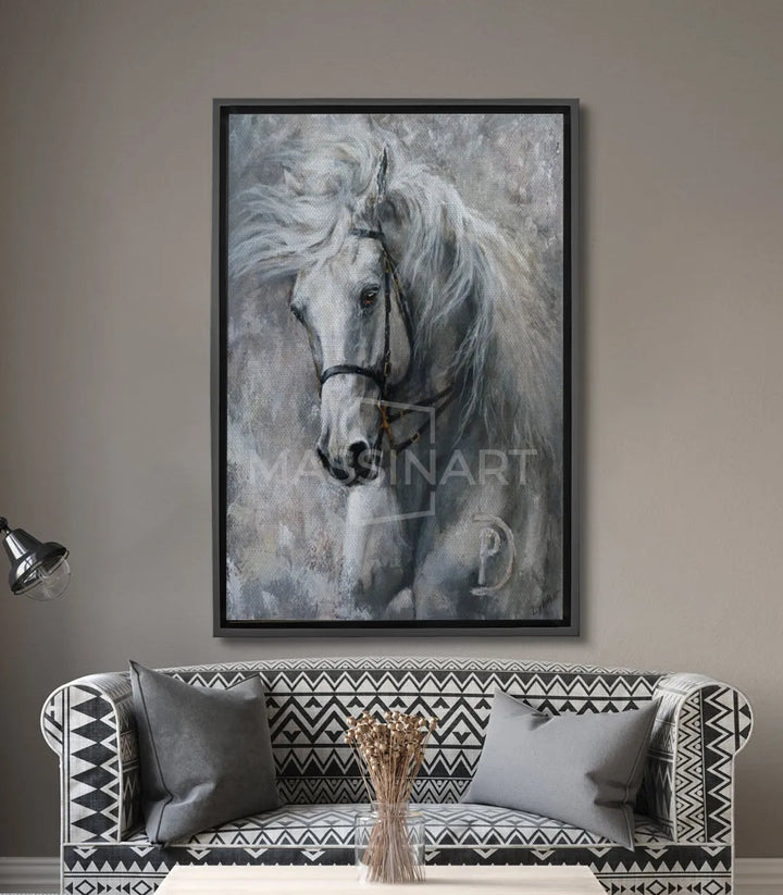 Tableau portrait de cheval blanc gris Massinart — détail équin réaliste