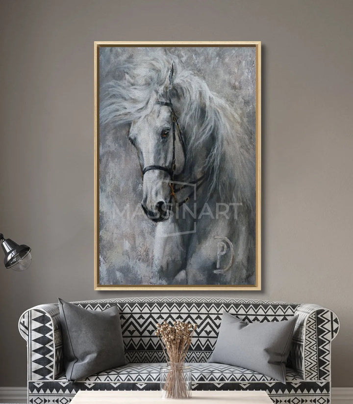 Tableau portrait de cheval décoration intérieur gris Massinart — ambiance séjour