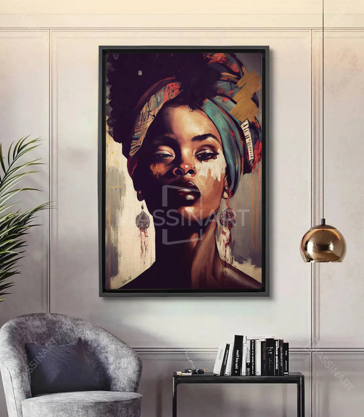 Tableau portrait femme africaine avec foulard et boucles oreilles, tons or et marron — Massinart
