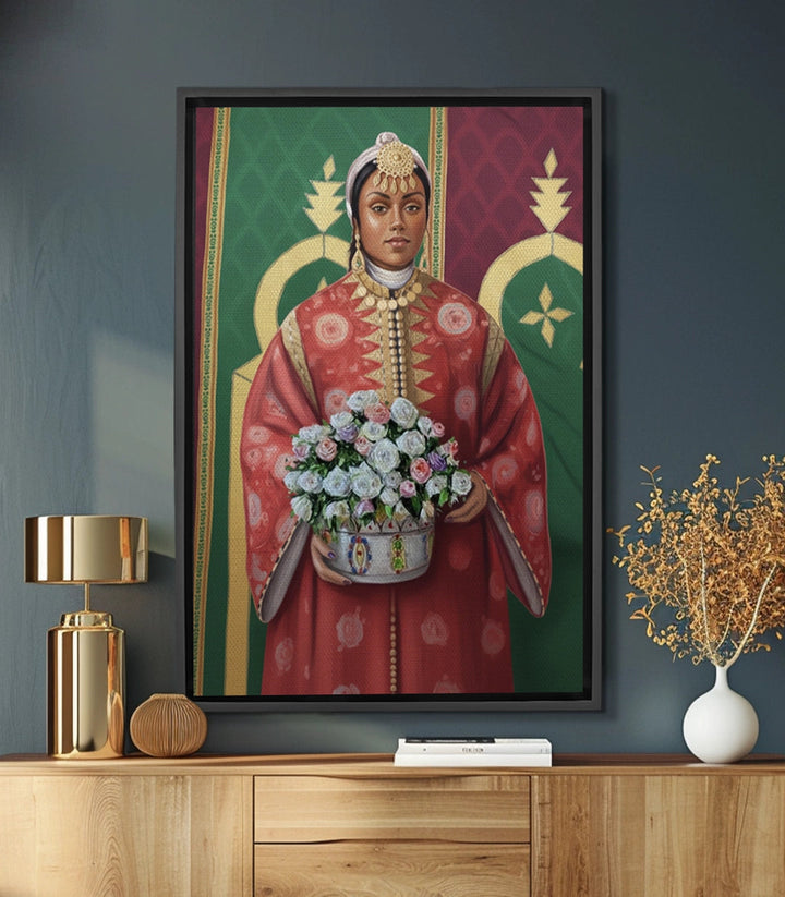 Tableau portrait femme marocaine mariée robe rouge fleurs Massinart