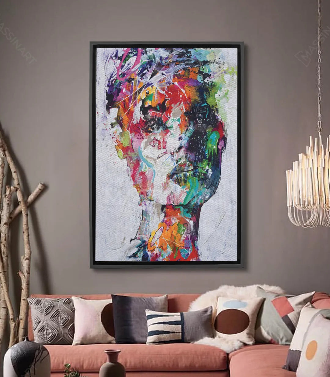 Tableau portrait femme multicolor expressionniste, splashes rose bleu orange vert, Massinart