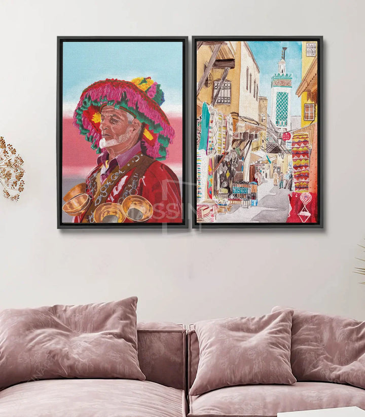 Tableau portrait homme Amazigh Marrakech — coiffure colorée, vêtements rouges, fond rose ciel Massinart