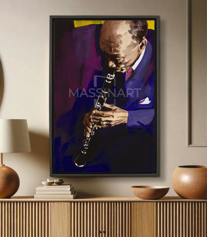 Tableau portrait saxophoniste jazz, costume bleu, fond mauve et jaune — Velvet Jazz Massinart