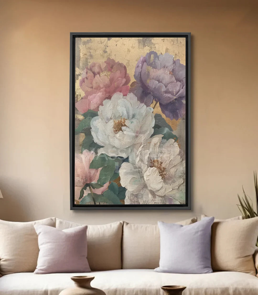 Tableau Prosperity Massinart — pivoines blanches, roses et mauves sur fond beige vintage
