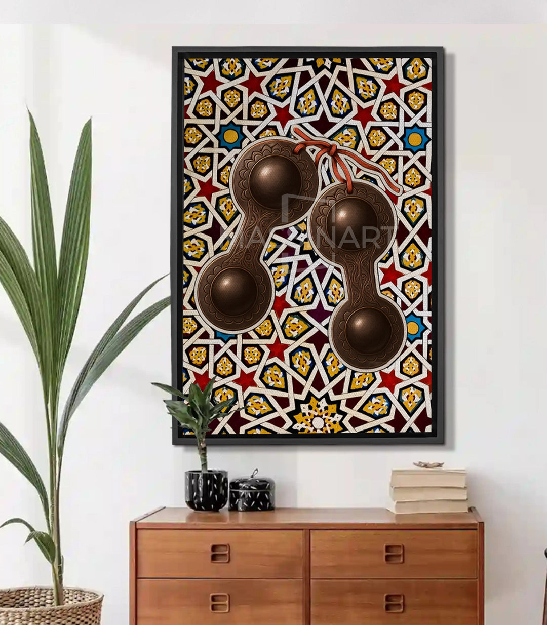 Tableau Qraqeb Rhythms Massinart — qraqeb marocains et motifs zellige doré sur fond rouge