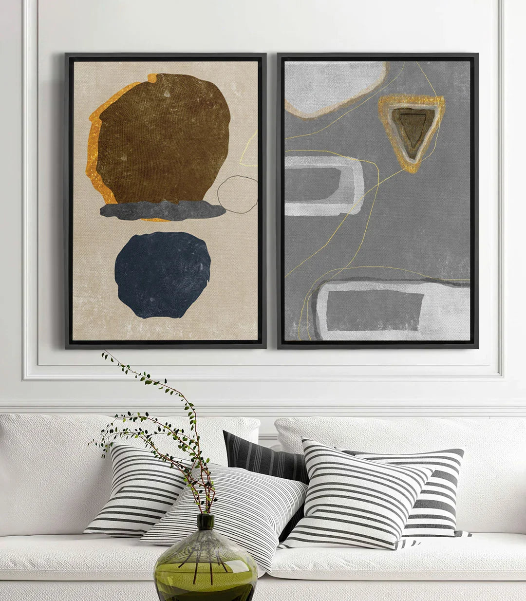 Tableau Quarry diptyque — formes abstraites beige, noir et doré sur fond neutre, Massinart