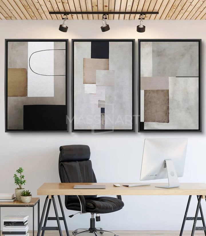 Tableau Quiétude triptyque — compositions abstraites géométriques en noir, blanc, beige et taupe Massinart