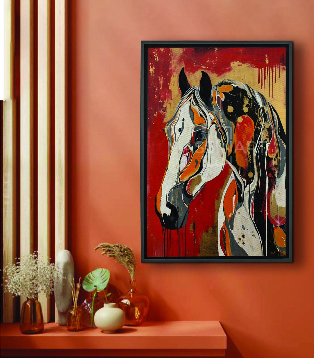 Tableau Radiant Soul cheval expressionniste blanc orange noir fond rouge doré Massinart