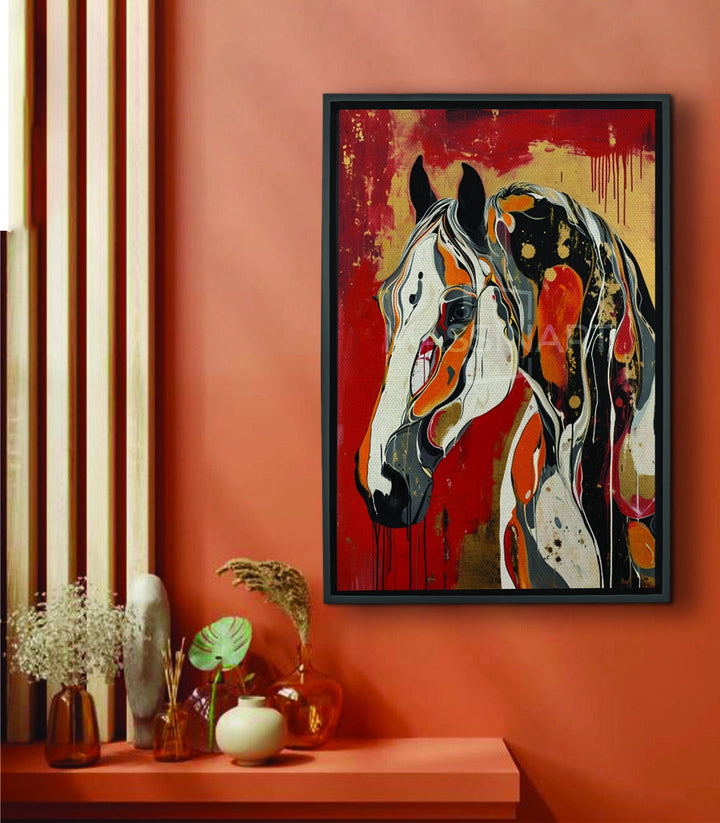 Tableau Radiant Soul cheval expressionniste blanc orange noir fond rouge doré Massinart