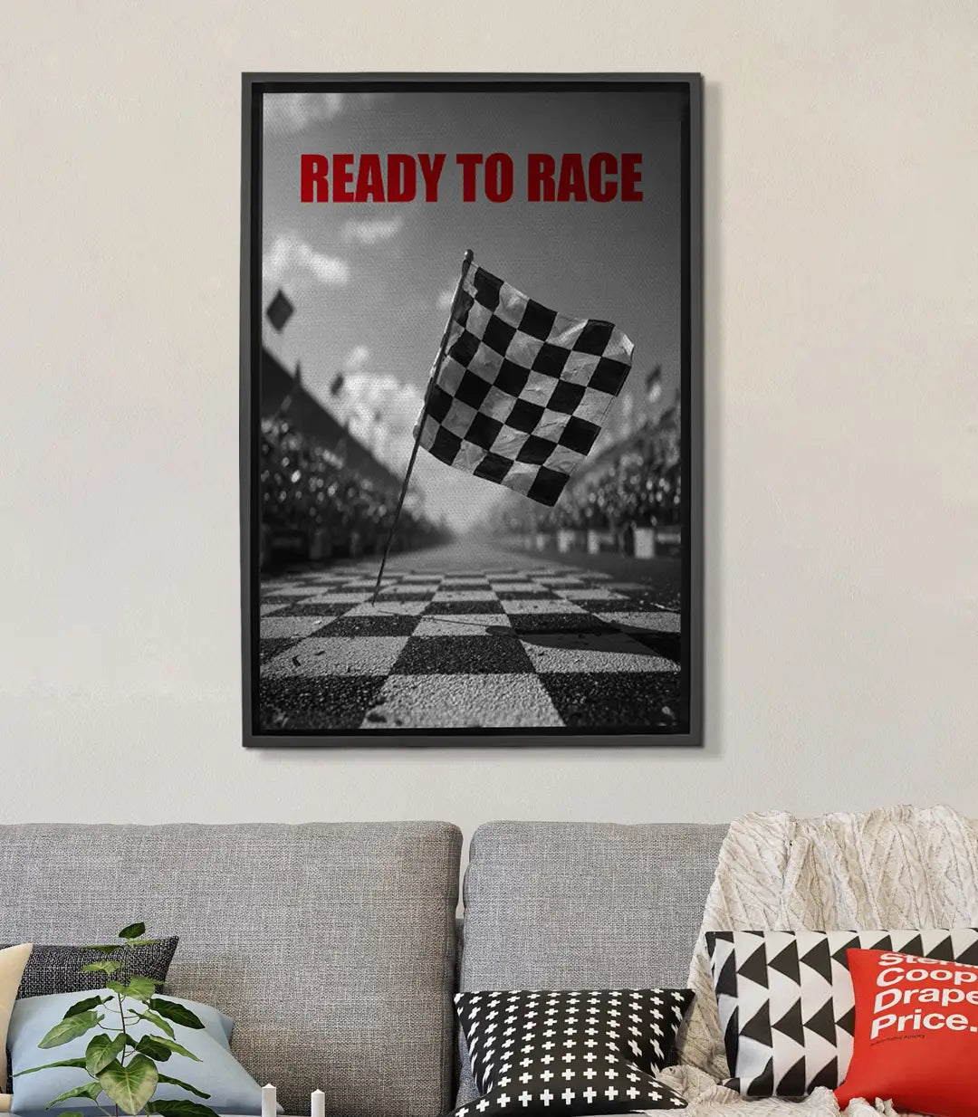 Tableau Ready To Race Massinart — drapeau damier sur circuit noir et blanc, texte rouge