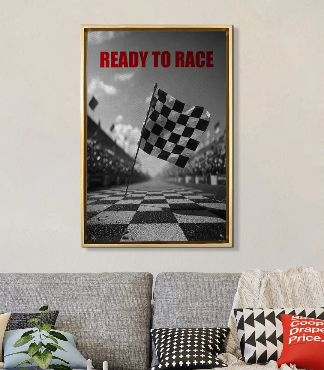 Tableau Ready To Race mise en situation salon gris — décoration murale motivation Massinart